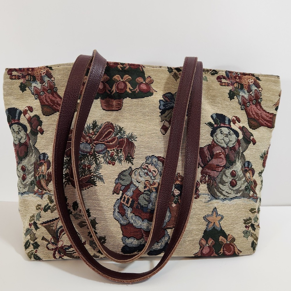 Vintage 90s Christmas Tapestry Purse Bag Santa Snowman Holiday Grannycore Tote